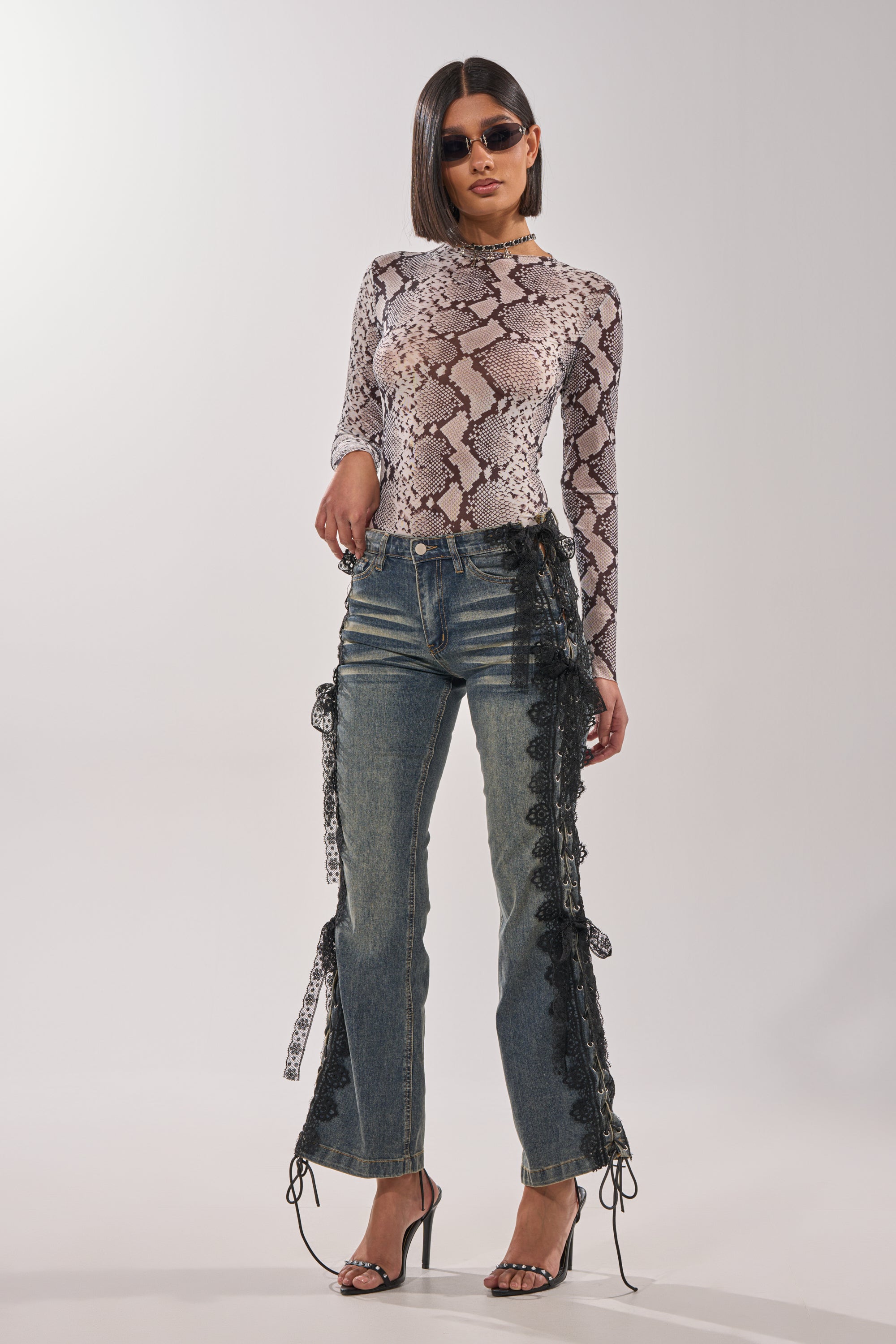 OMBRE SNAKE LONG SLEEVE MESH TOP IN GREY MULTI