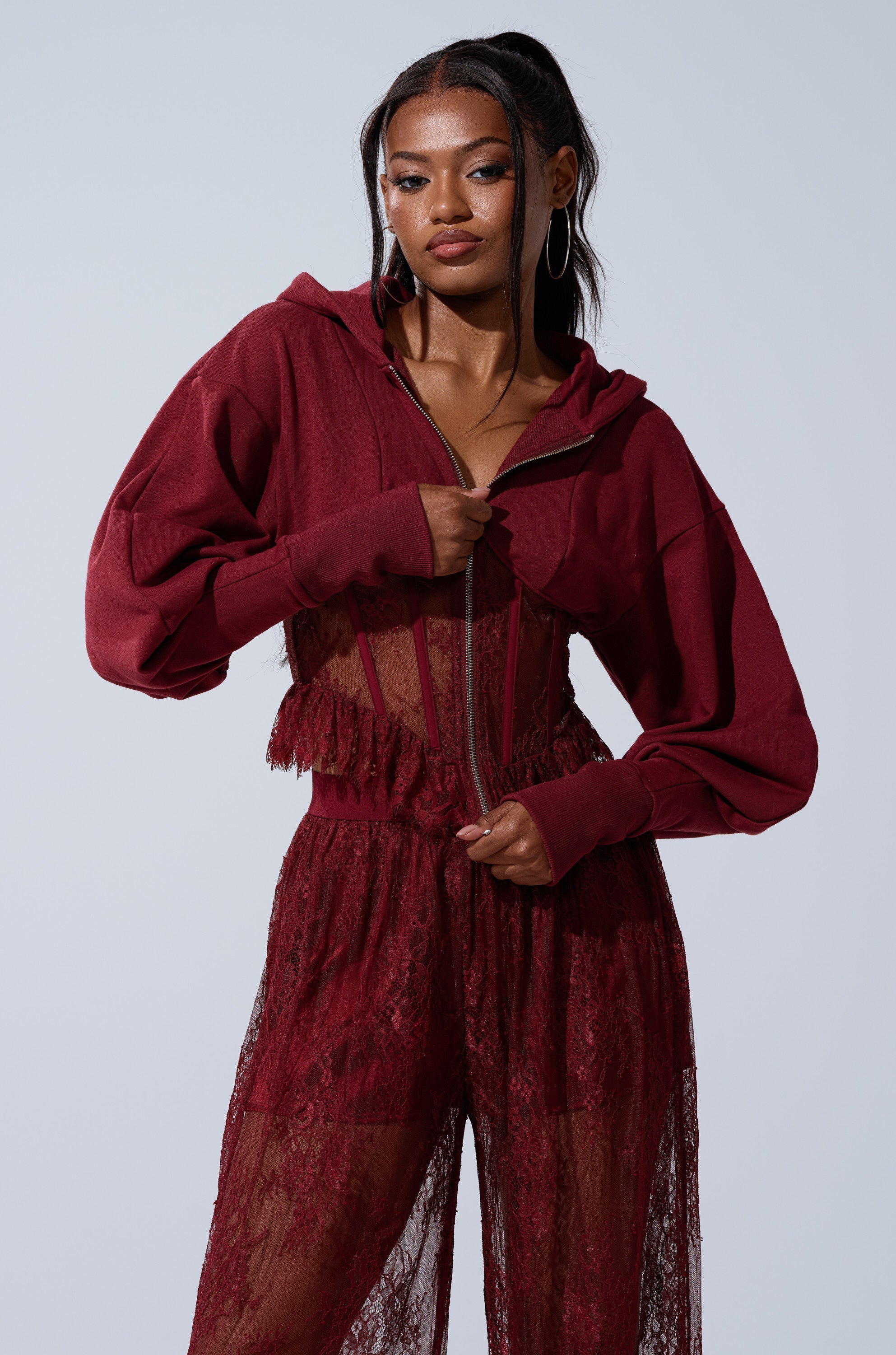 TOO TRENDY ZIP UP SWEATSHIRT WITH LACE