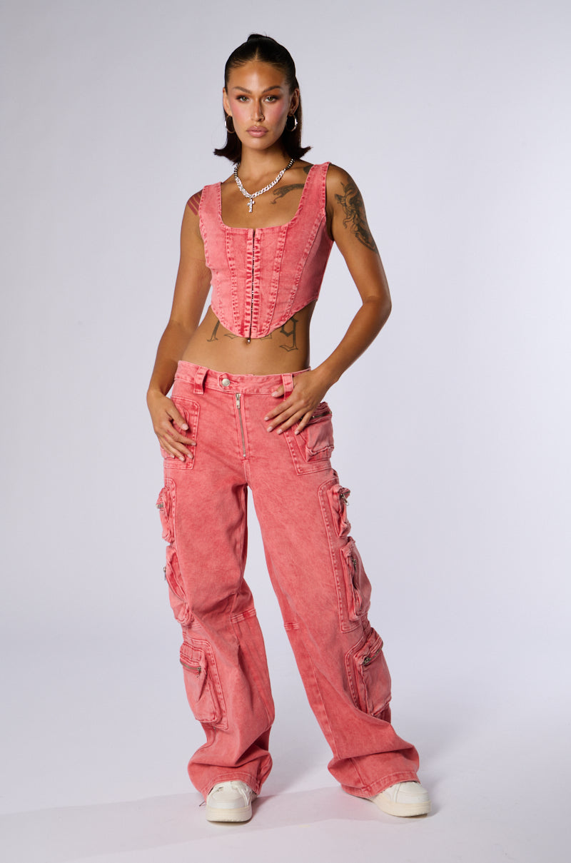 OUT THE MUD ACID WASH DENIM CORSET TOP