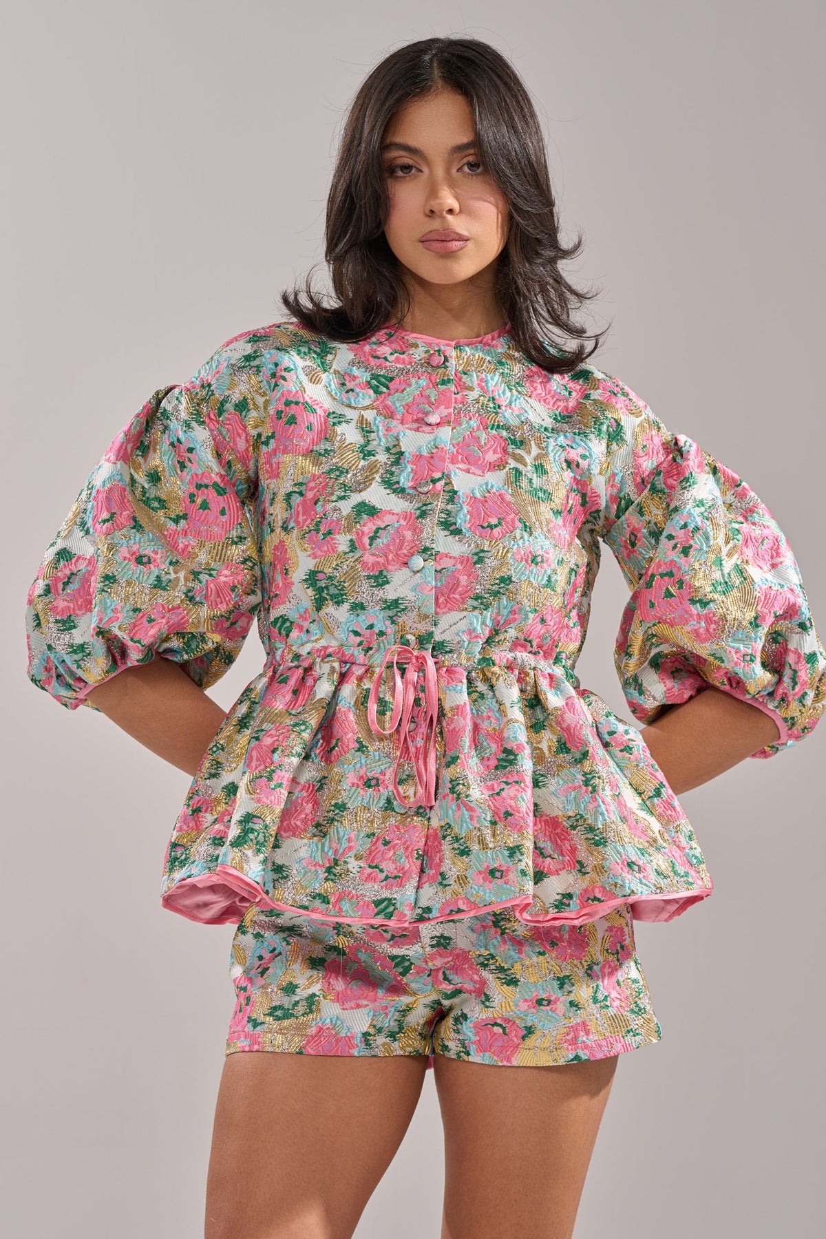 TEA TIME FLORAL BROCADE SHORT SLEEVE BLOUSE