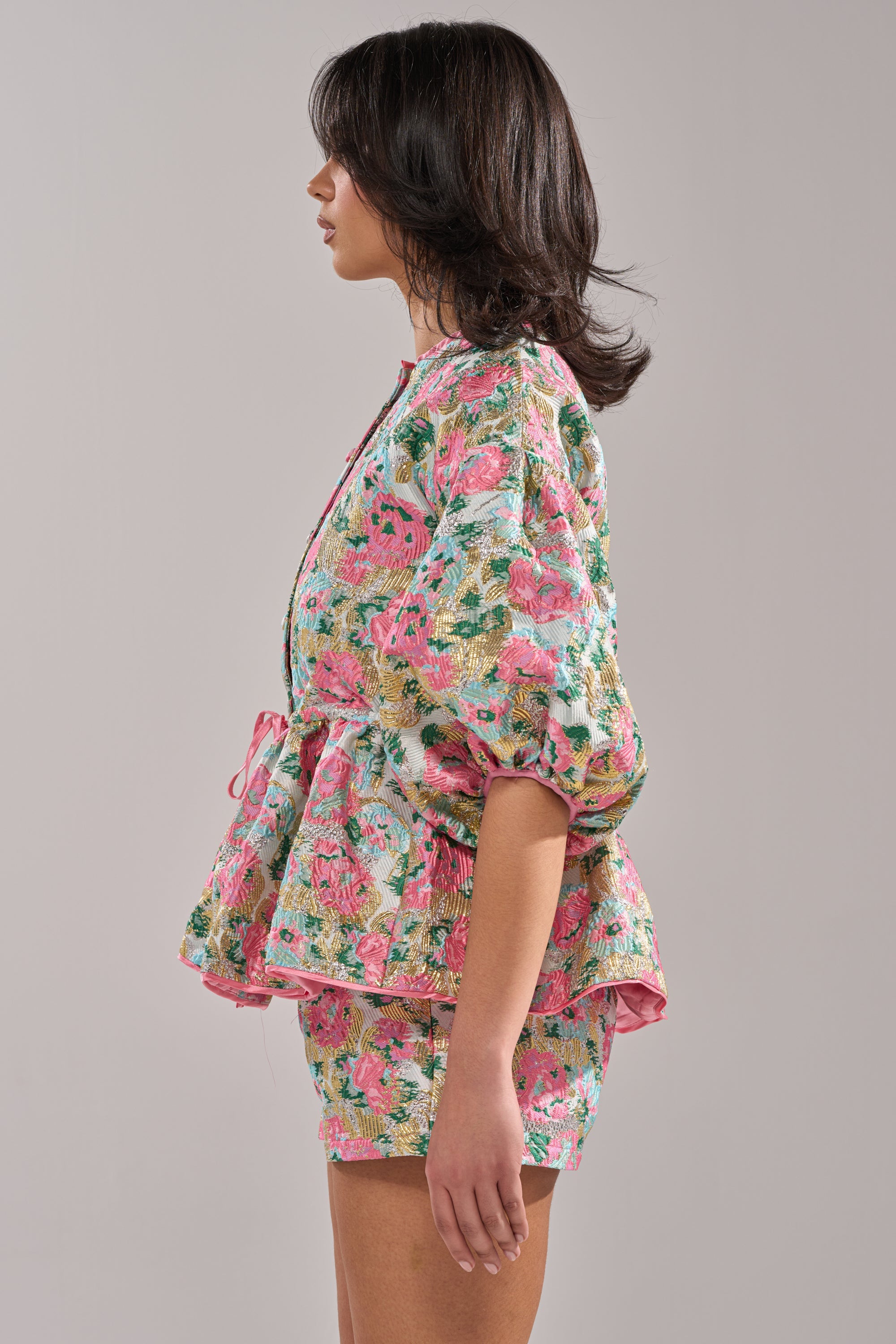 TEA TIME FLORAL BROCADE SHORT SLEEVE BLOUSE