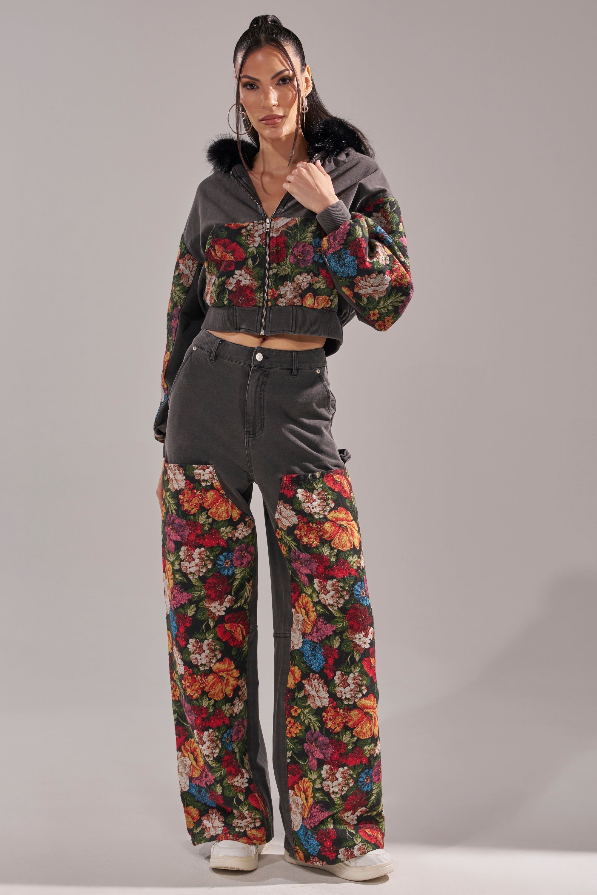TRY ME FLORAL DENIM ZIP UP SWEATSHIRT