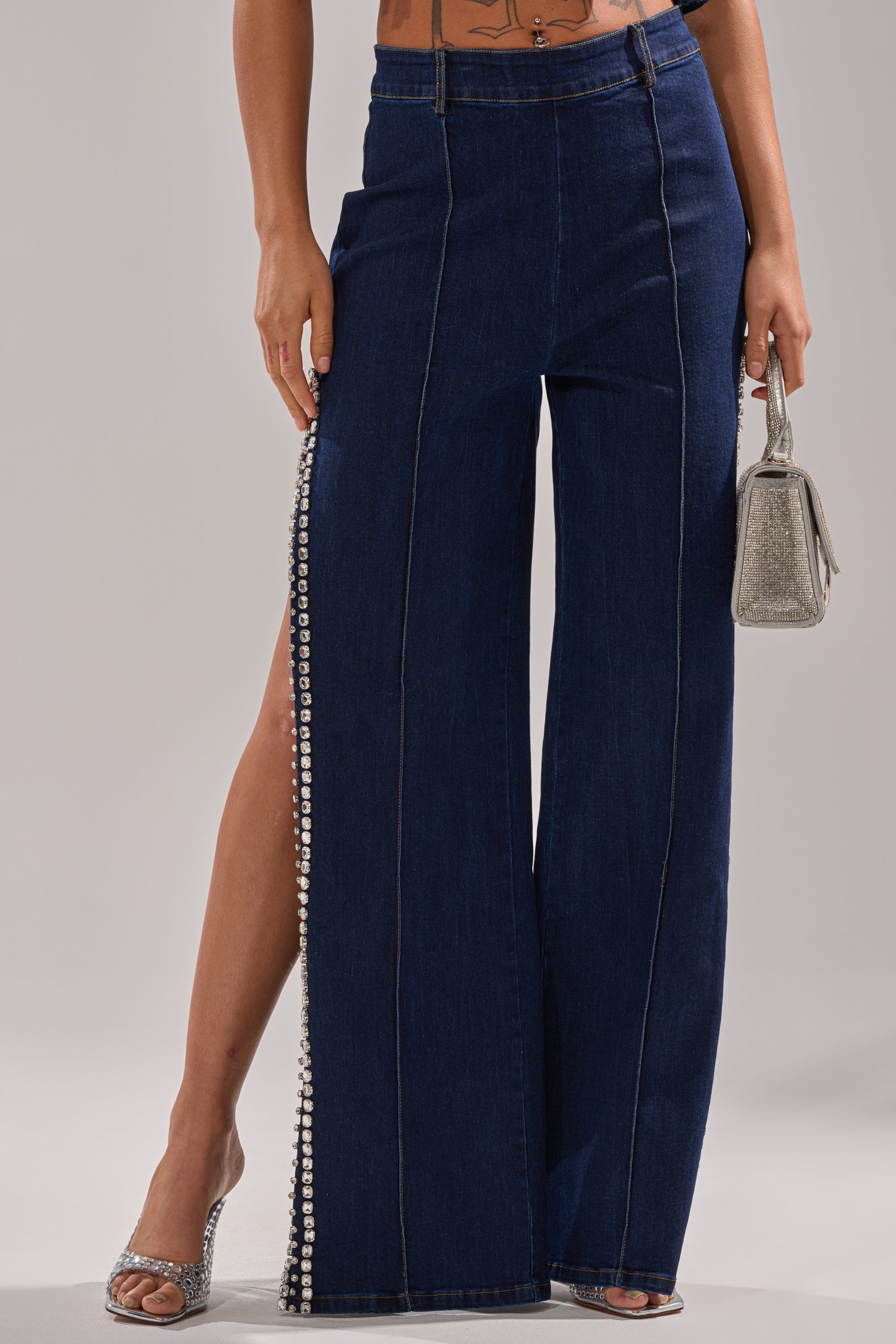POPPIN OUT RHINESTONE DENIM PANT IN DARK WASH DENIM