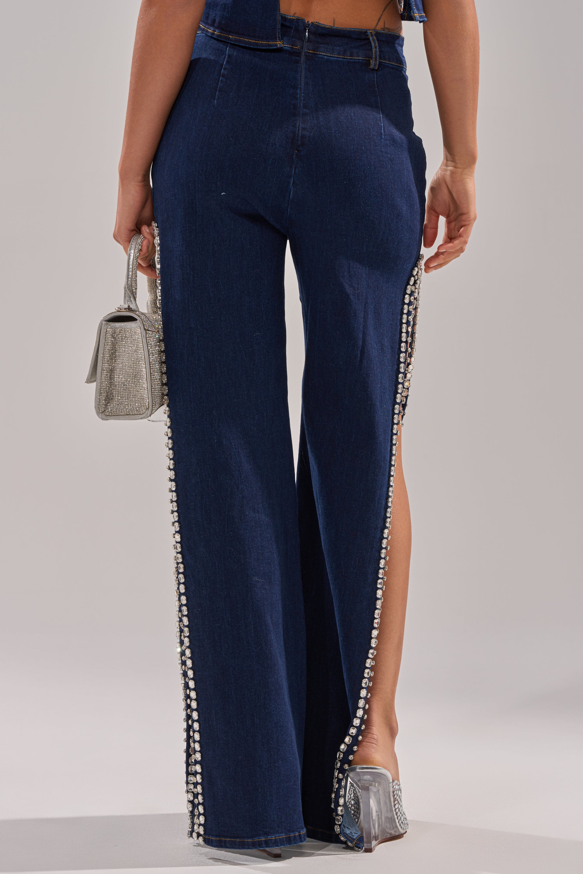 POPPIN OUT RHINESTONE DENIM PANT IN DARK WASH DENIM
