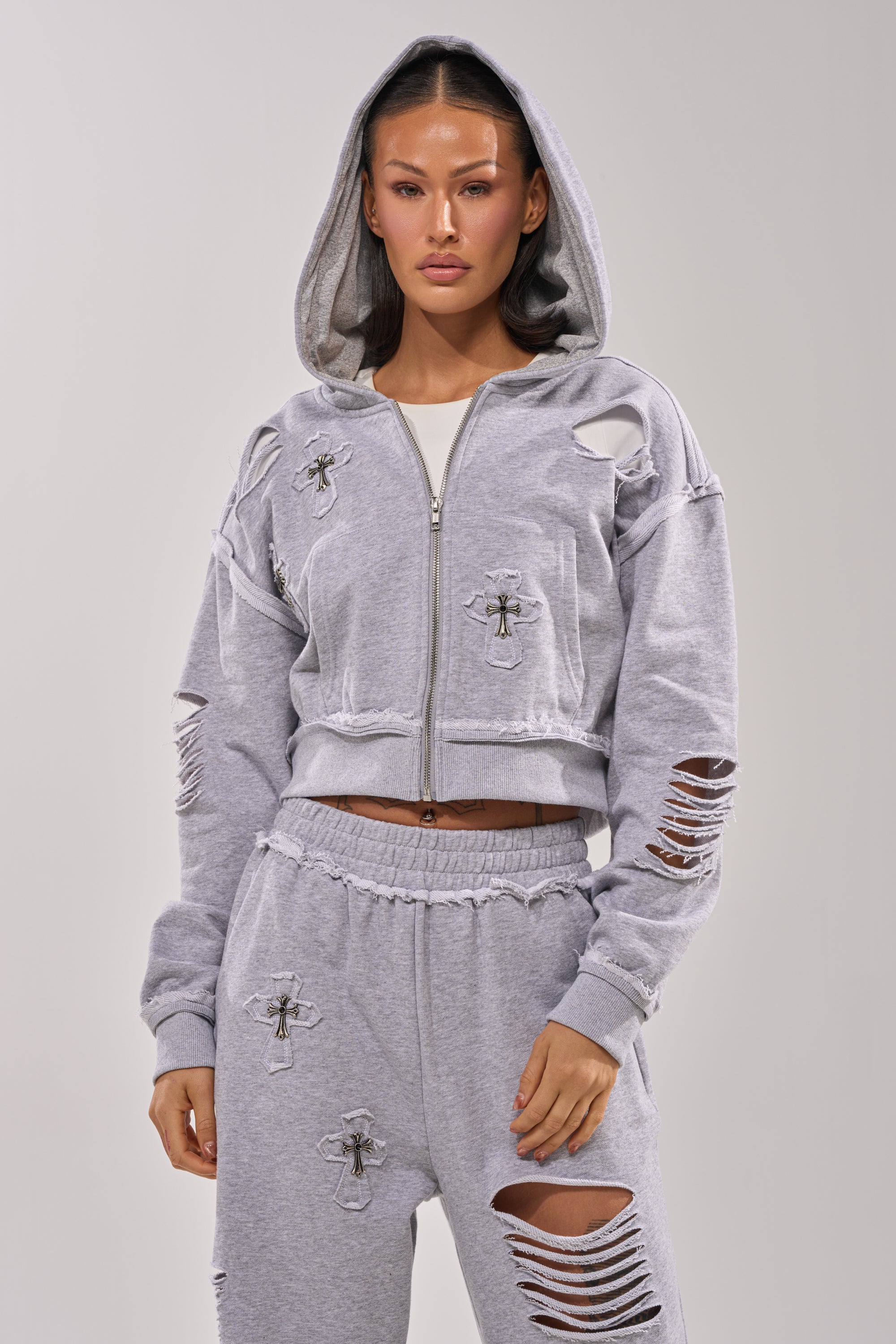 CROSSED OUT DISTRESSED ZIP UP SWEATSHIRT