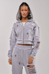 CROSSED OUT DISTRESSED ZIP UP SWEATSHIRT