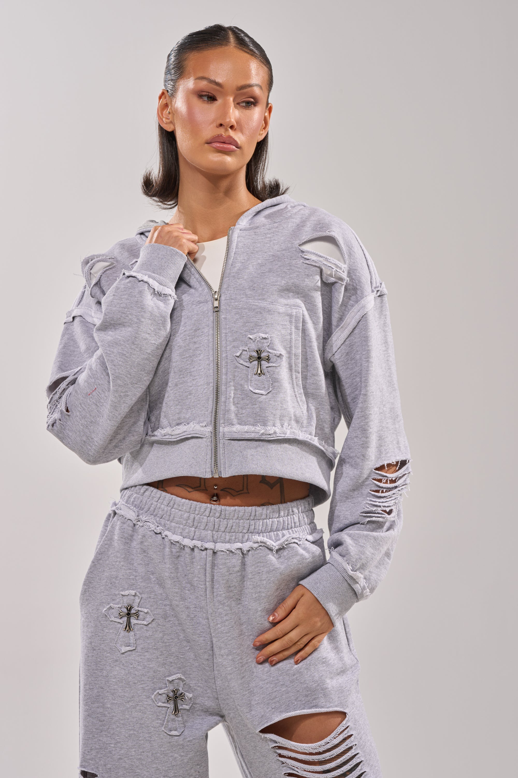 CROSSED OUT DISTRESSED ZIP UP SWEATSHIRT