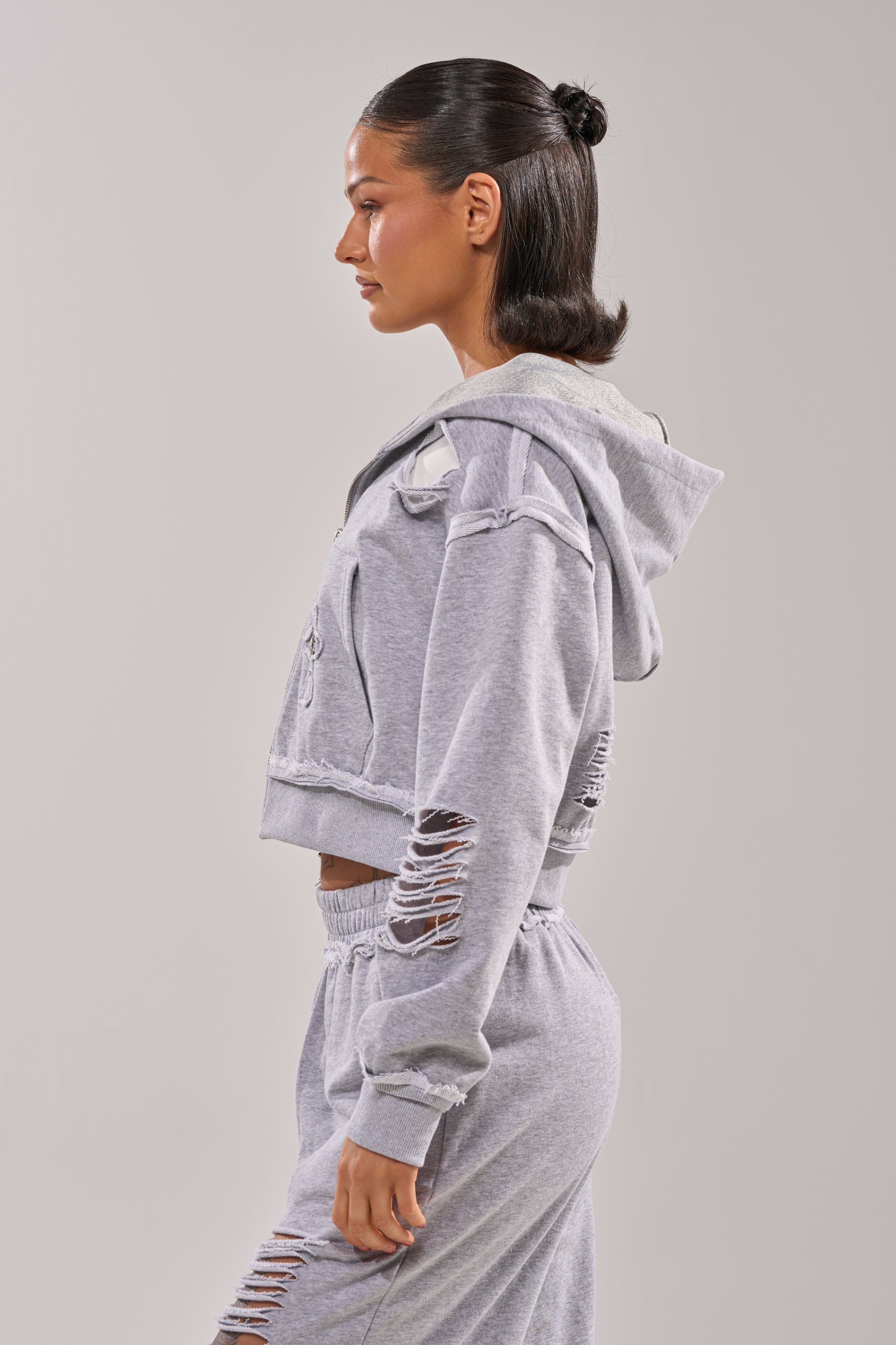 CROSSED OUT DISTRESSED ZIP UP SWEATSHIRT