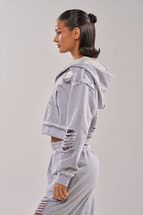 CROSSED OUT DISTRESSED ZIP UP SWEATSHIRT