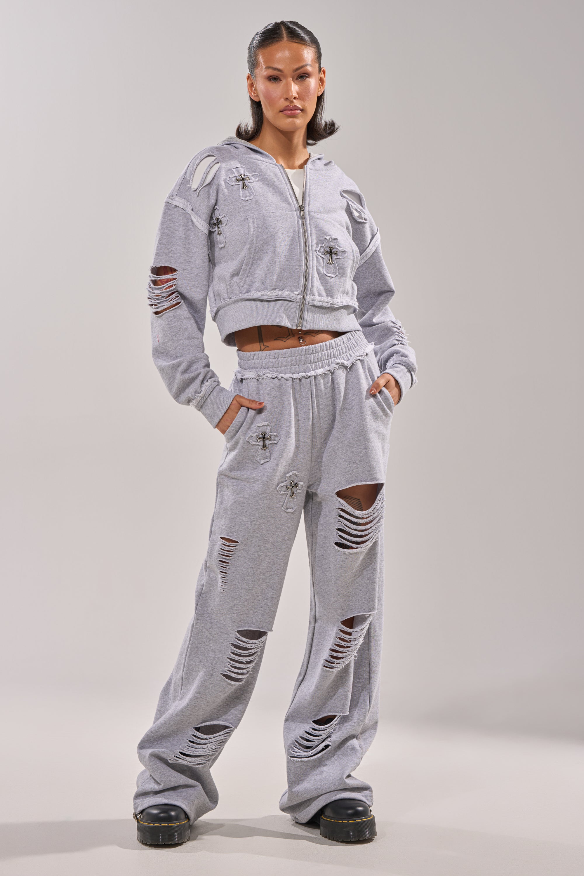 CROSSED OUT DISTRESSED ZIP UP SWEATSHIRT