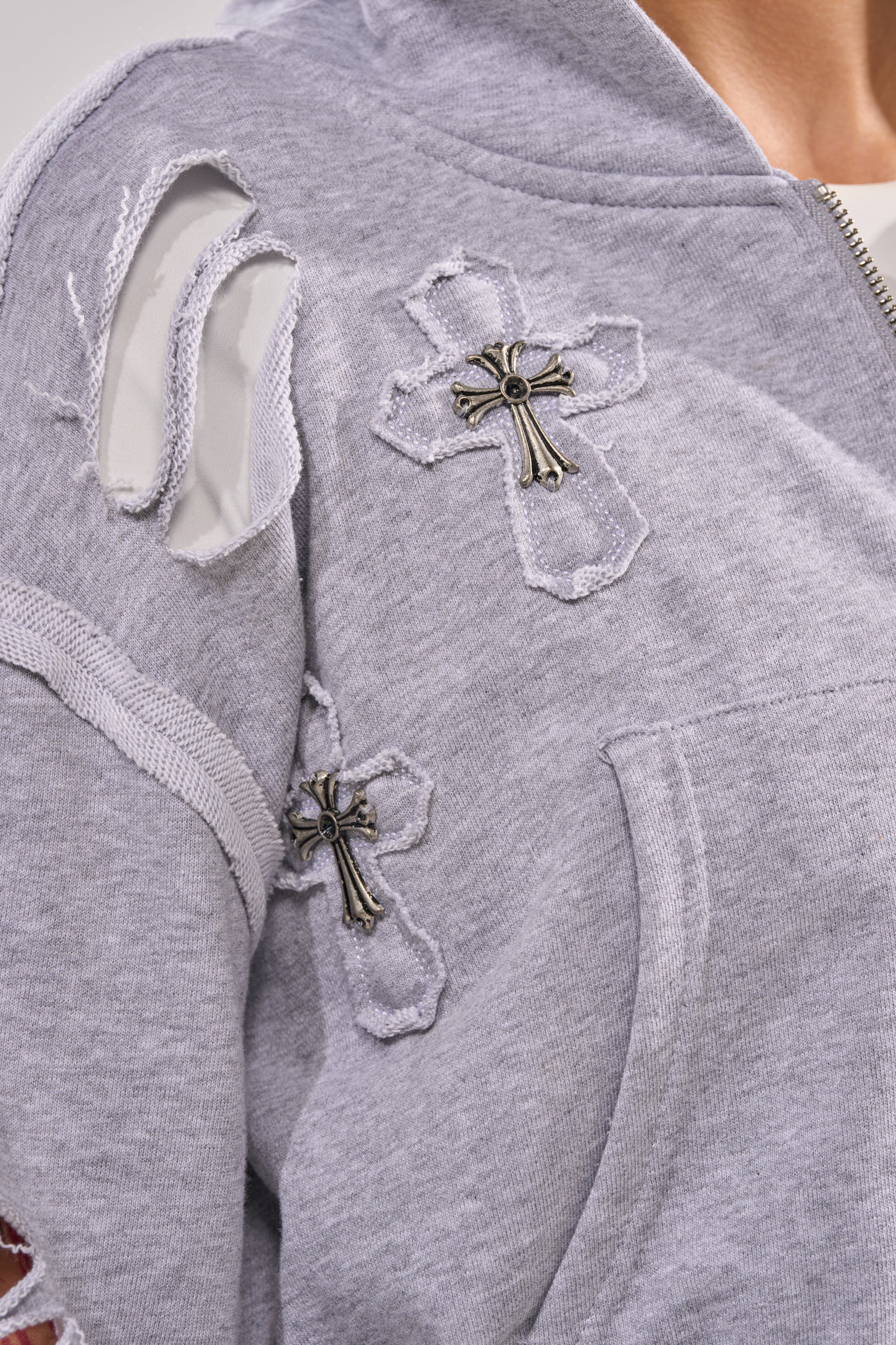 CROSSED OUT DISTRESSED ZIP UP SWEATSHIRT