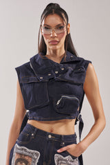MODEL BEHAVIOR TOP IN DARK BLUE DENIM