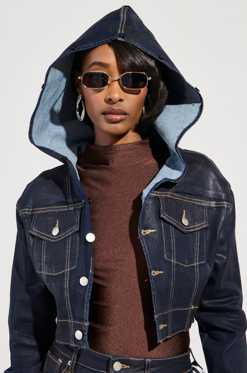 SITTING PRETTY FUR TRIM COATED DENIM JACKET