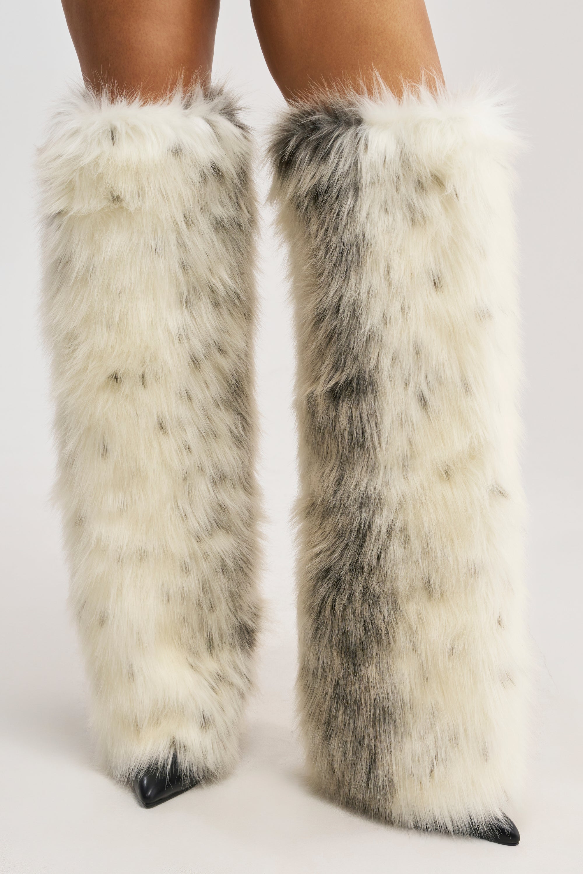 AZALEA WANG LANGLEYE CREAM MULTI SNOW LEOPARD THIGH HIGH FUR BOOT