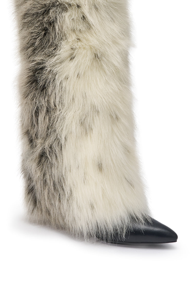 AZALEA WANG LANGLEYE CREAM MULTI SNOW LEOPARD THIGH HIGH FUR BOOT