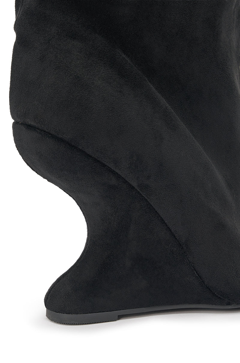 AZALEA WANG MARIN BLACK FAUX SUEDE WEDGE BOOTIE