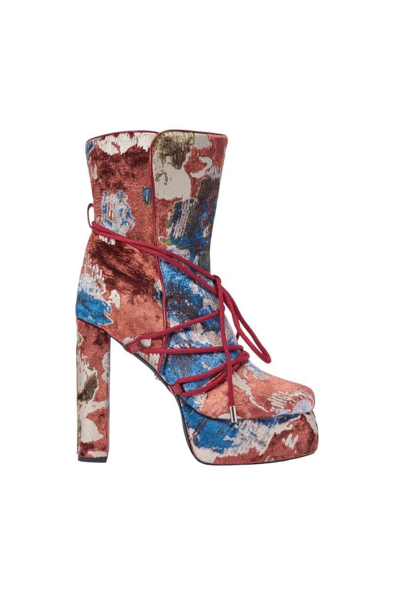 AKIRA GOLD MAYBE MULTI VELVET PRINT PLATFORM BOOTIE