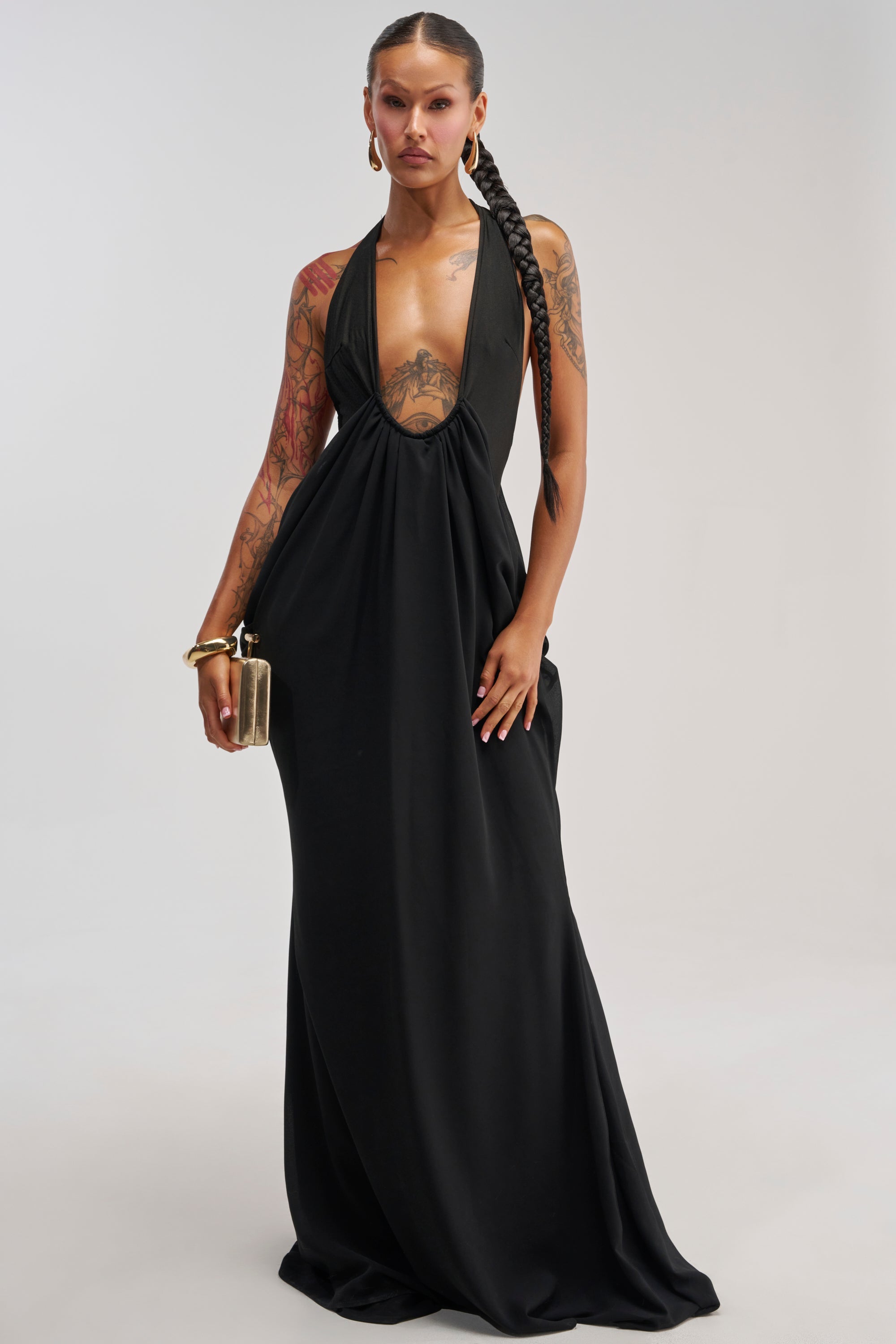 BORN TO SHINE SWOOP MAXI DRESS IN BLACK