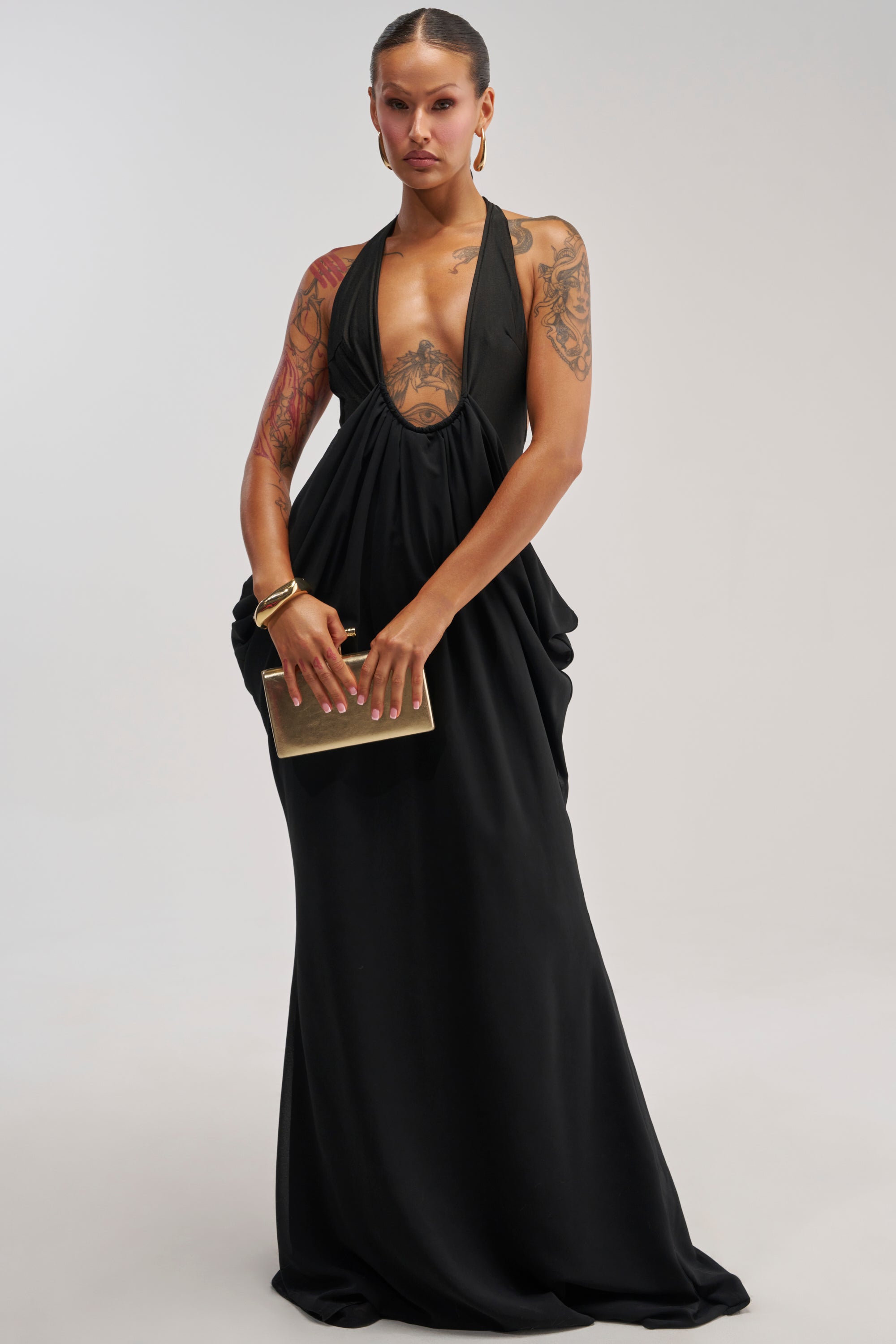 BORN TO SHINE SWOOP MAXI DRESS IN BLACK