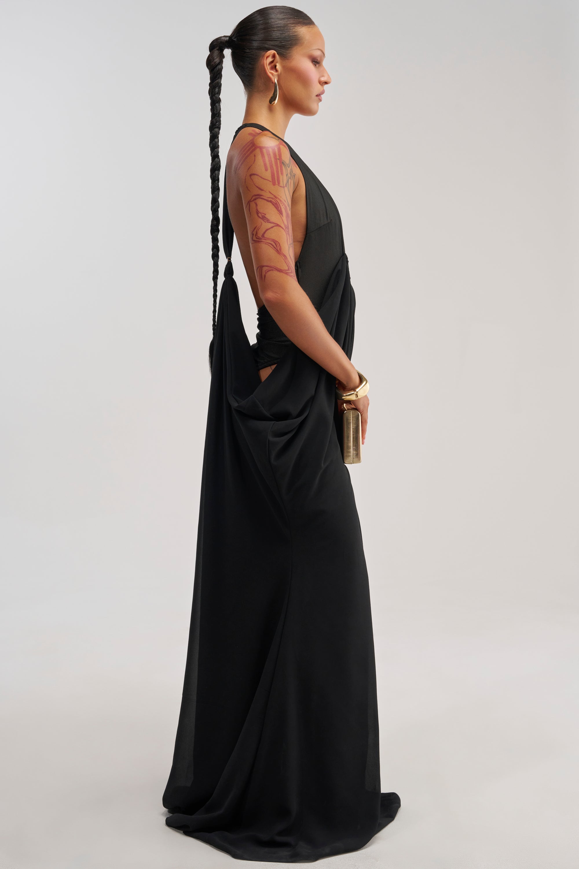 BORN TO SHINE SWOOP MAXI DRESS IN BLACK