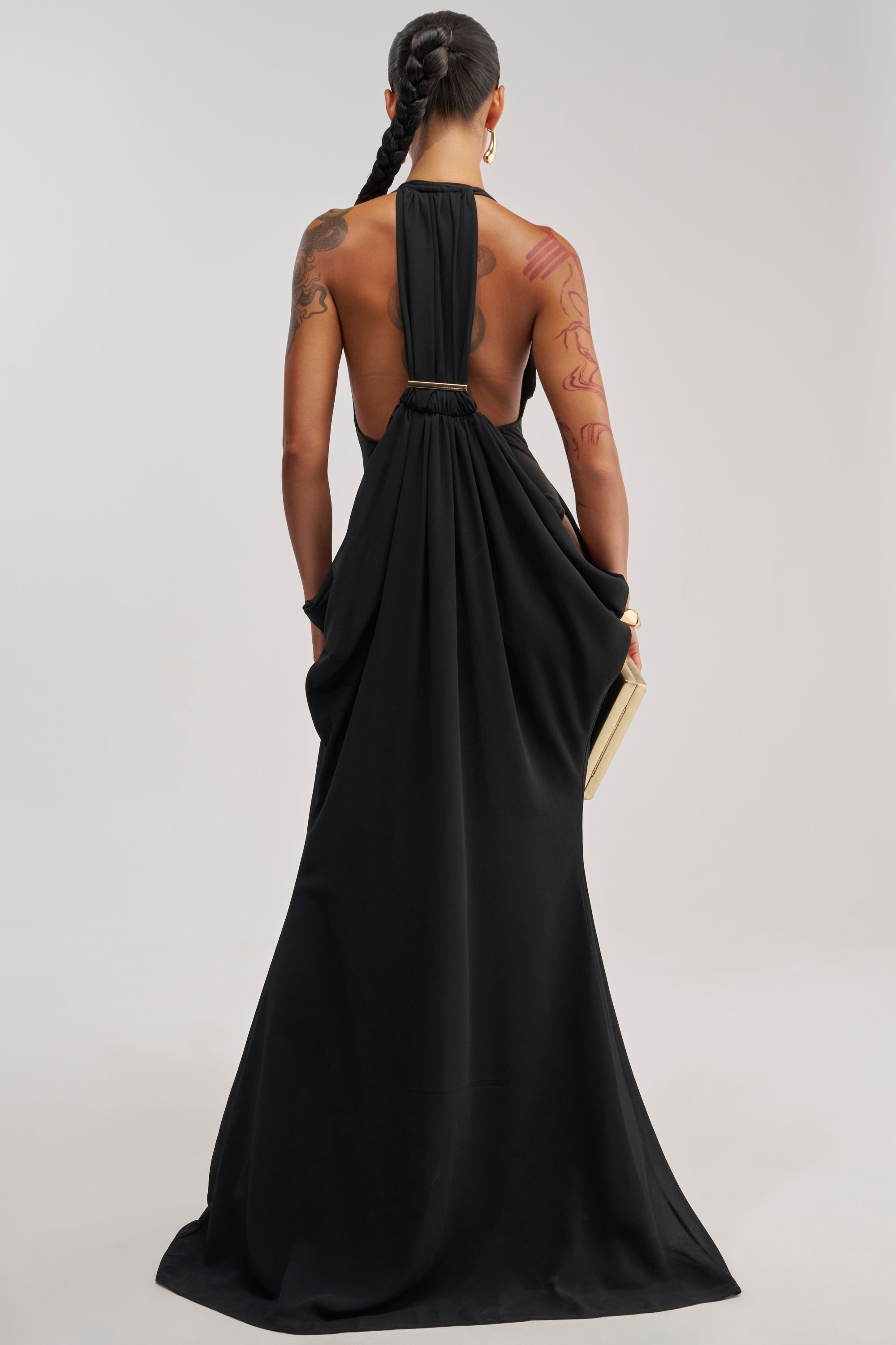 BORN TO SHINE SWOOP MAXI DRESS IN BLACK