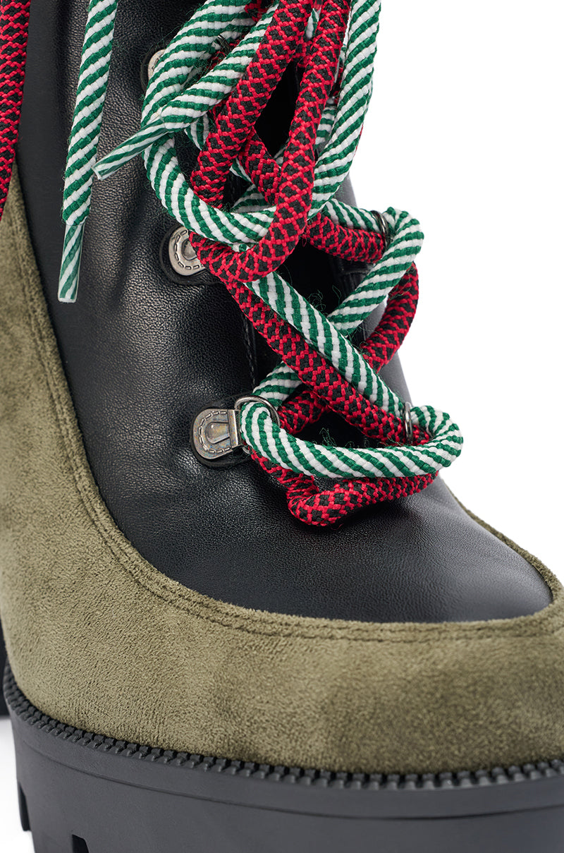 AKIRA GOLD MUFFLER GREENMULTI BLOCK HEEL BOOTIE
