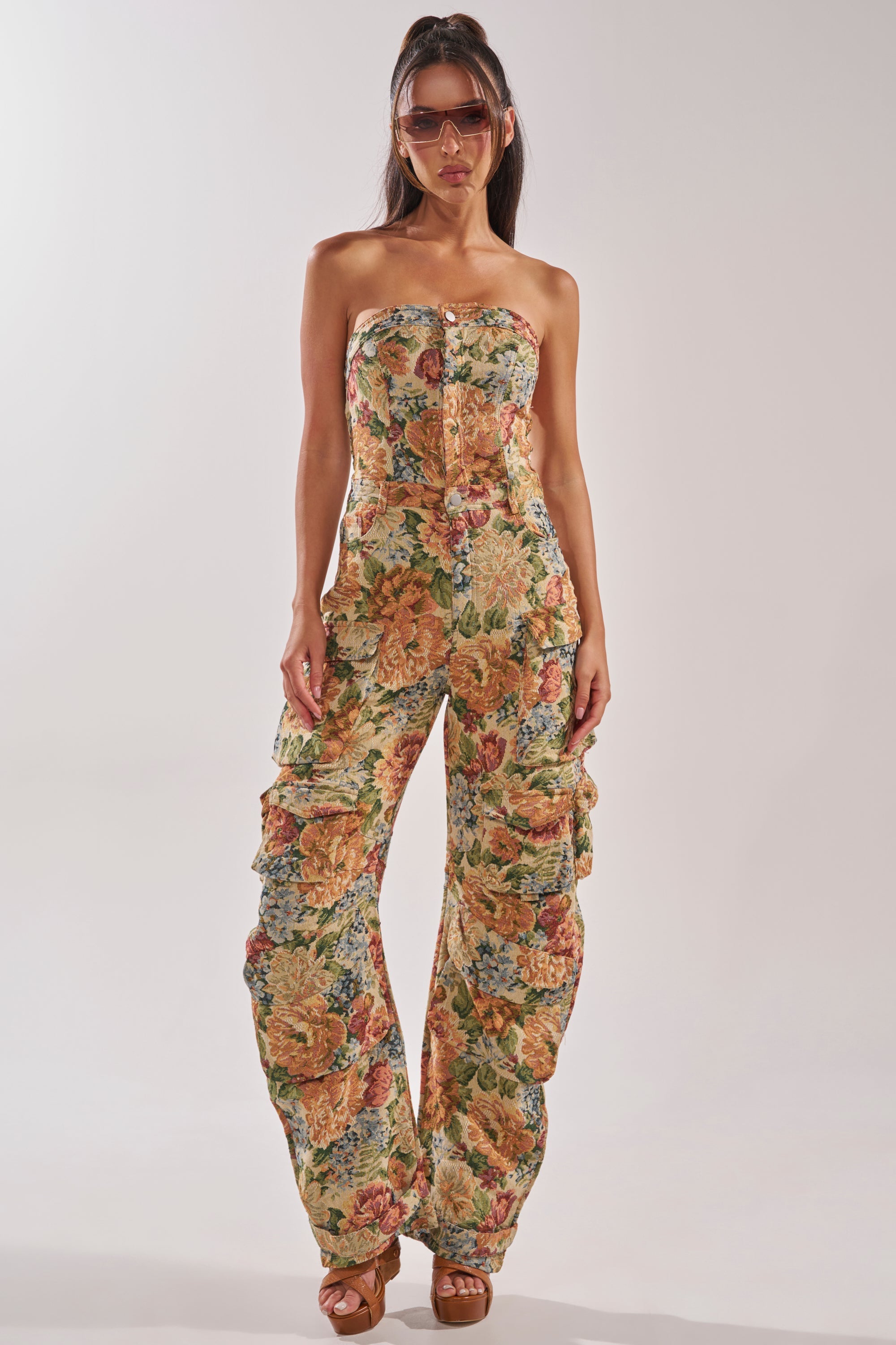 IN HER ELEMENT FLORAL WOVEN JUMPSUIT IN BROWN MULTI