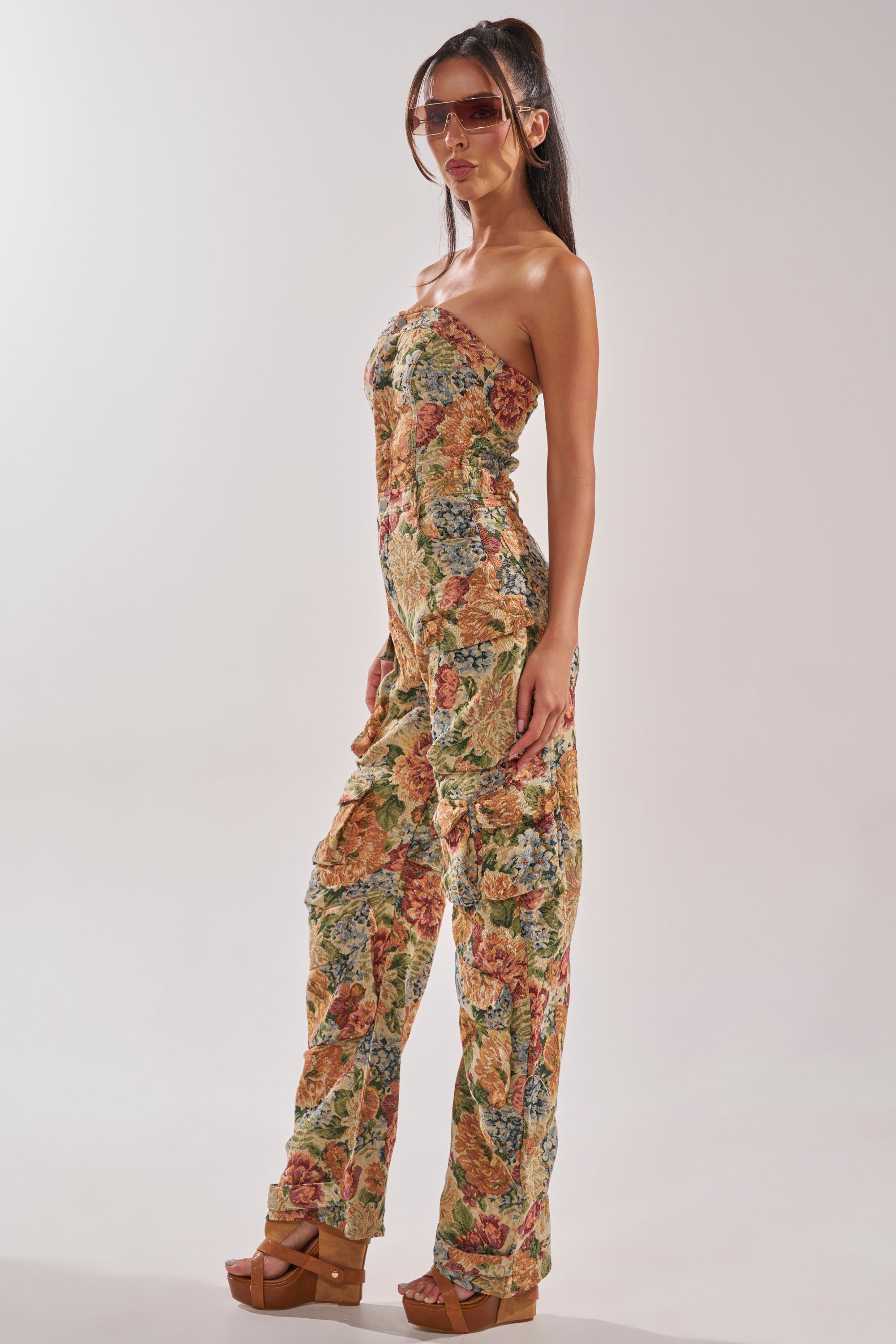 IN HER ELEMENT FLORAL WOVEN JUMPSUIT IN BROWN MULTI