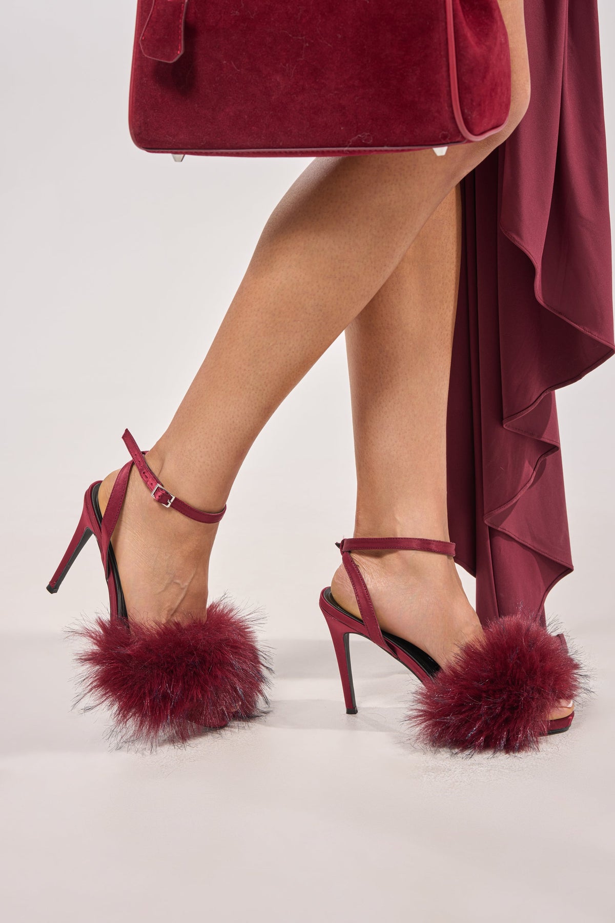 AZALEA WANG NADIA BURGUNDY FUR EMBELLISHED STILETTO SANDAL