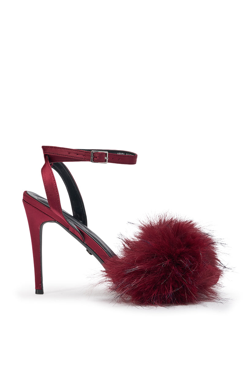 AZALEA WANG NADIA BURGUNDY FUR EMBELLISHED STILETTO SANDAL