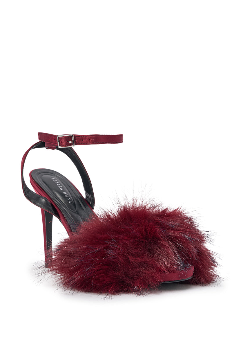 AZALEA WANG NADIA BURGUNDY FUR EMBELLISHED STILETTO SANDAL