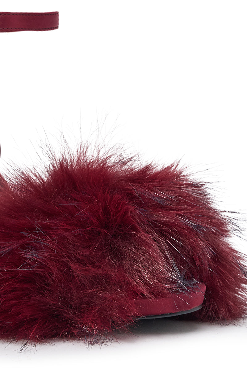 AZALEA WANG NADIA BURGUNDY FUR EMBELLISHED STILETTO SANDAL