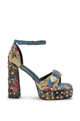 AKIRA GOLD ODE DENIM MULTI CHUNKY RHINESTONE SANDAL