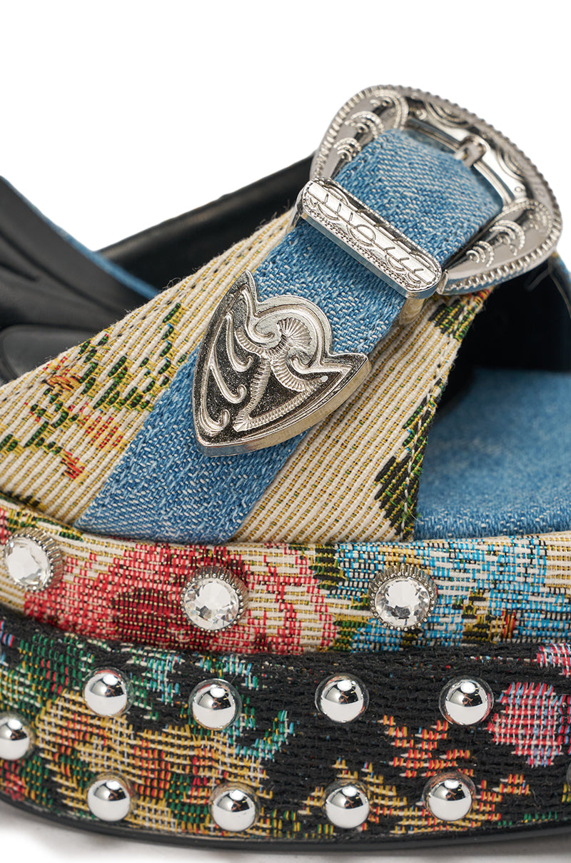 AKIRA GOLD ODE DENIM MULTI CHUNKY RHINESTONE SANDAL