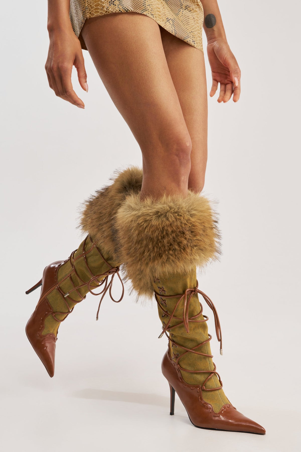 AZALEA WANG OHARAR DENIM MULTI FUR DETAIL STILETTO BOOT