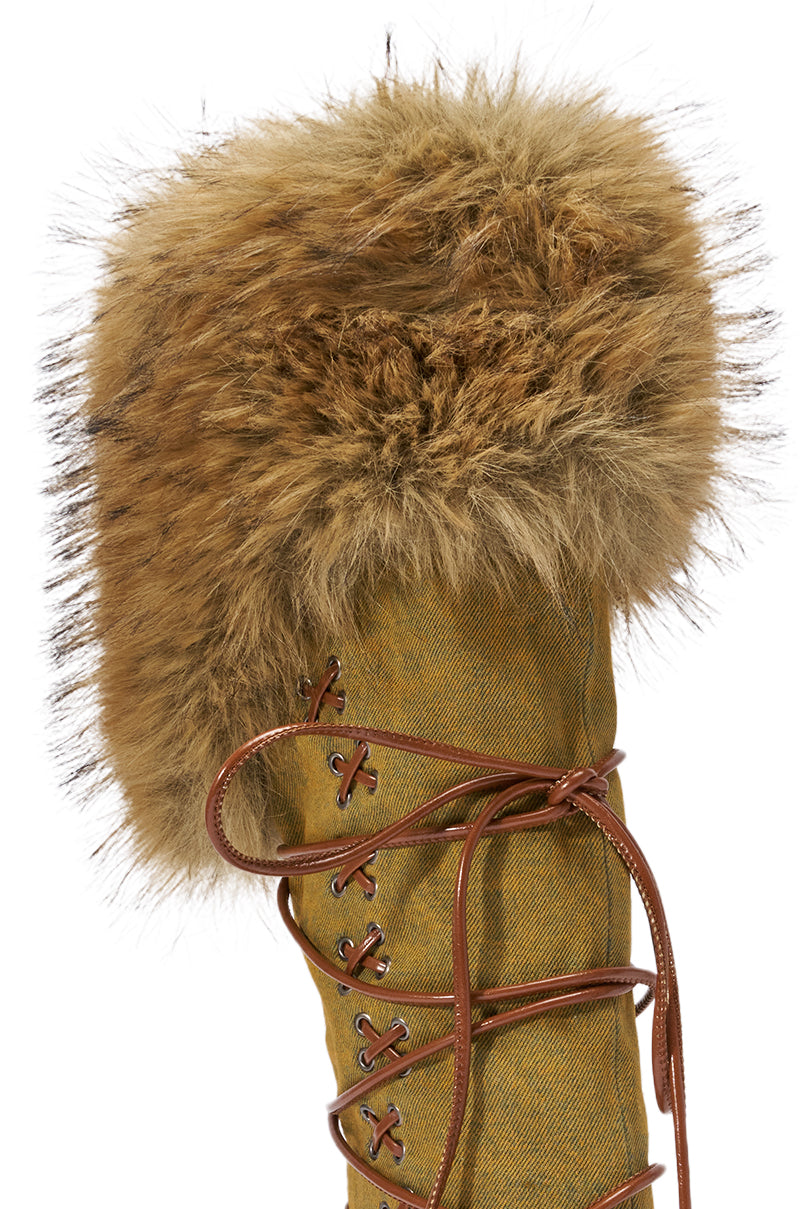 AZALEA WANG OHARAR DENIM MULTI FUR DETAIL STILETTO BOOT