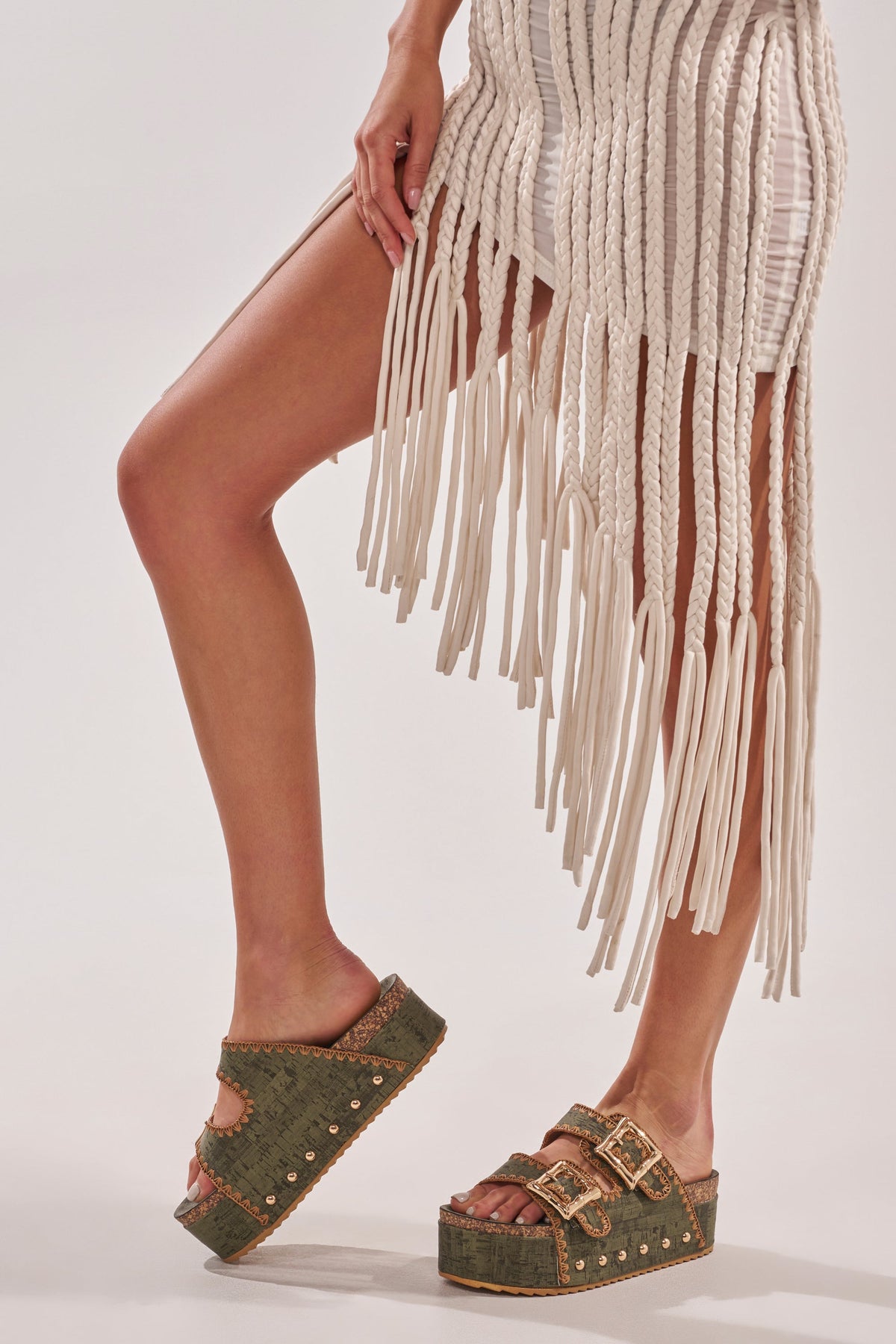 AZALEA WANG OHKAY GREEN FLATFORM STUD EMBELLISHED SLIP ON SANDAL