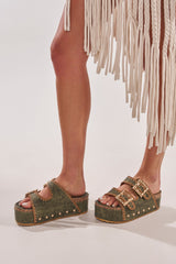AZALEA WANG OHKAY GREEN FLATFORM STUD EMBELLISHED SLIP ON SANDAL