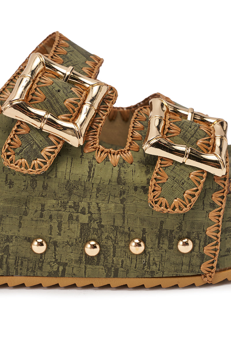 AZALEA WANG OHKAY GREEN FLATFORM STUD EMBELLISHED SLIP ON SANDAL