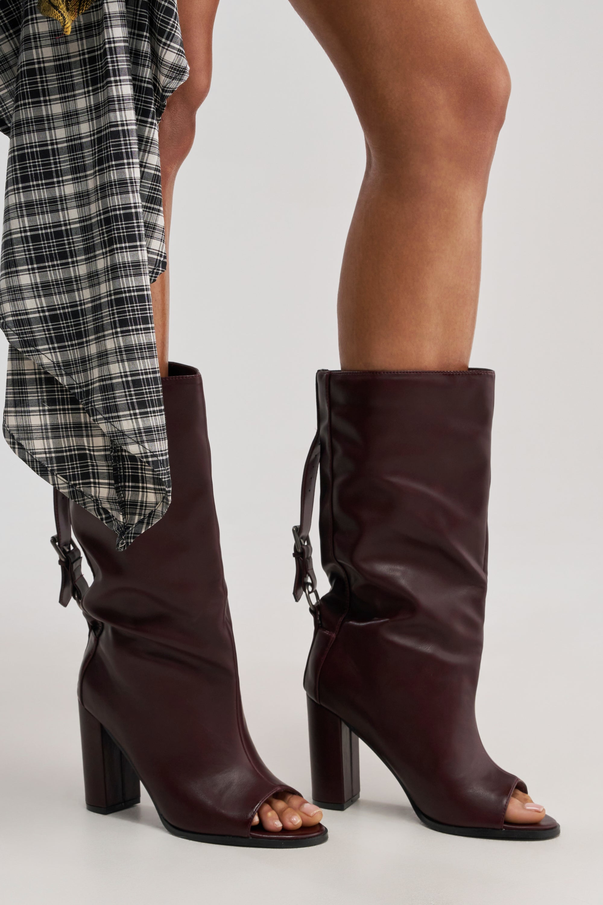 AKIRA GOLD REMIX MAHOGANY OPEN TOE BLOCK BOOTIE