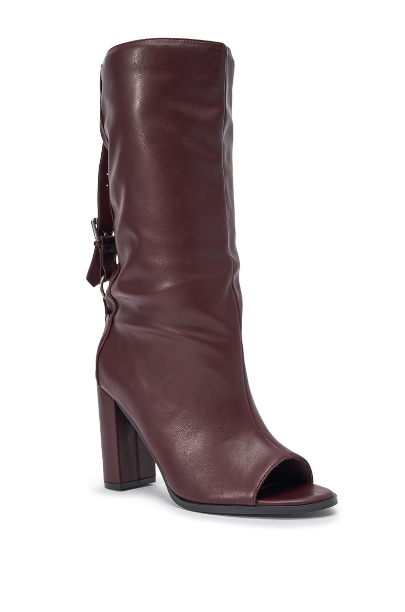 AKIRA GOLD REMIX MAHOGANY OPEN TOE BLOCK BOOTIE