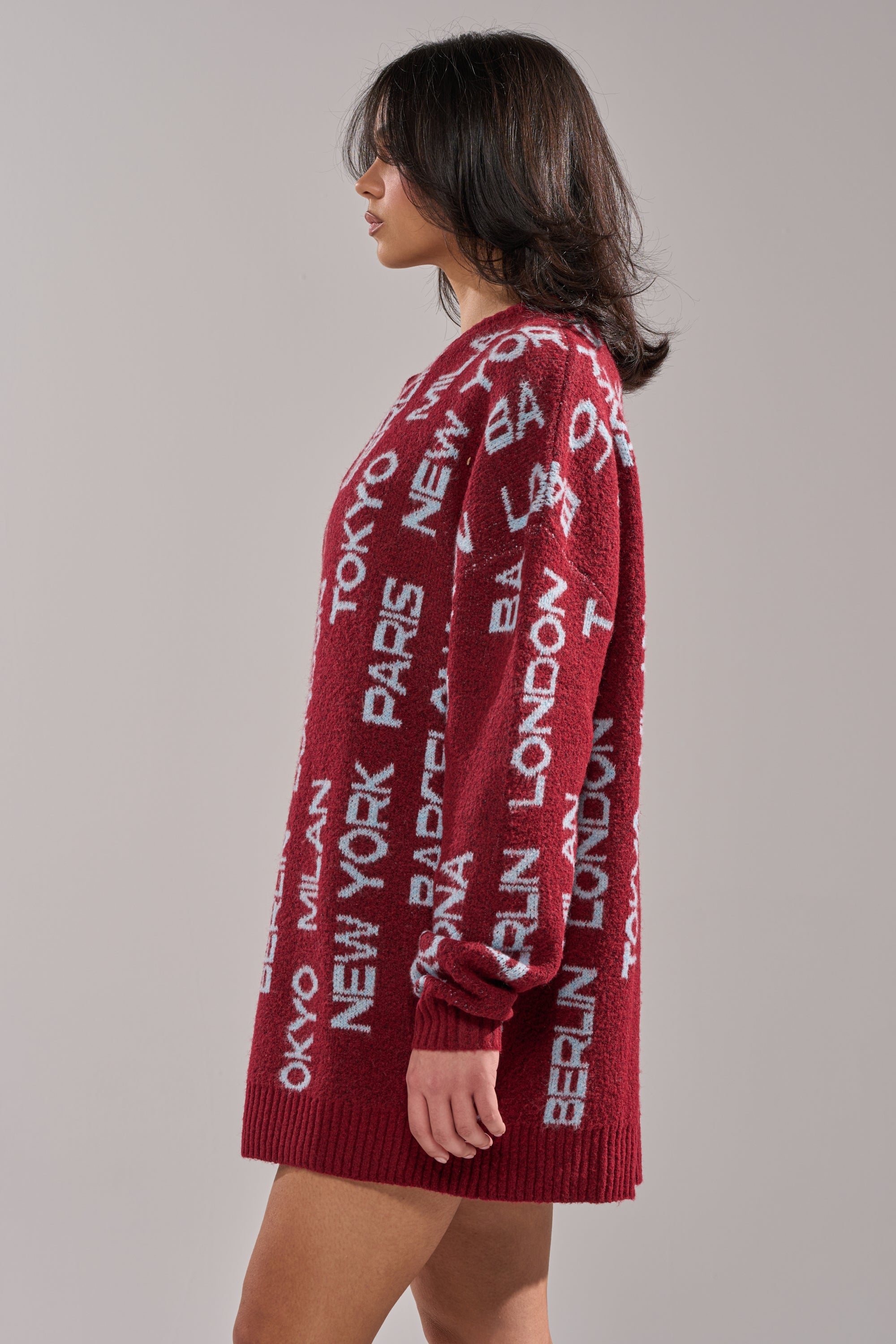 AROUND THE WORLD SWEATER MINI DRESS IN RED