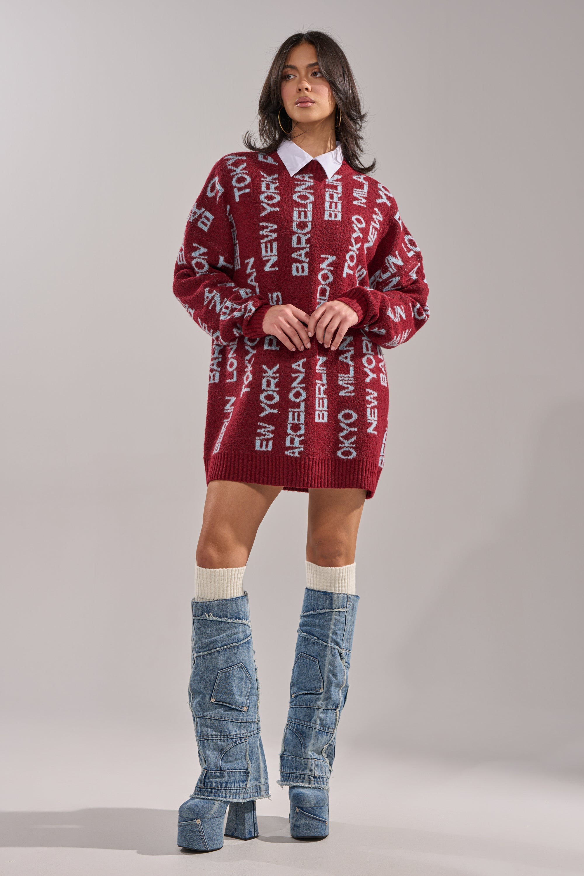 AROUND THE WORLD SWEATER MINI DRESS IN RED