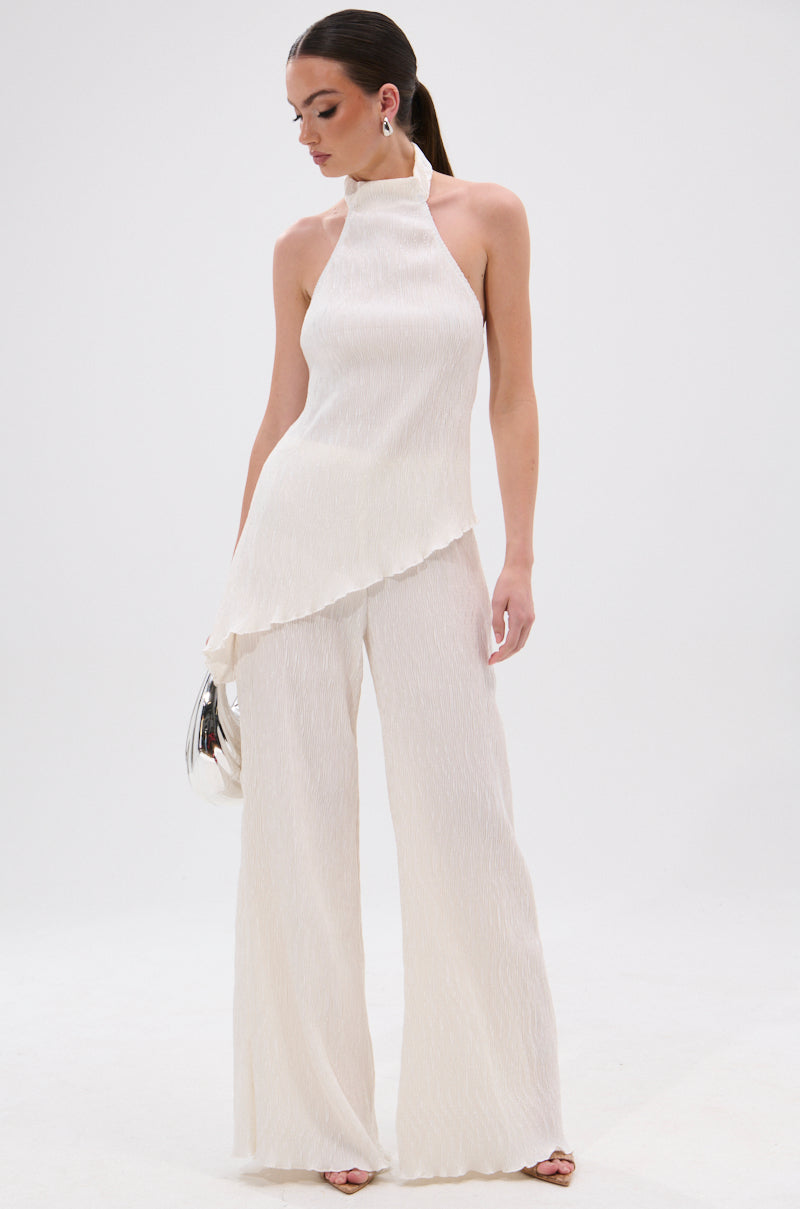 OLIVIA PLISSE HALTER NECK ASYMMETRICAL TOP IN WHITE