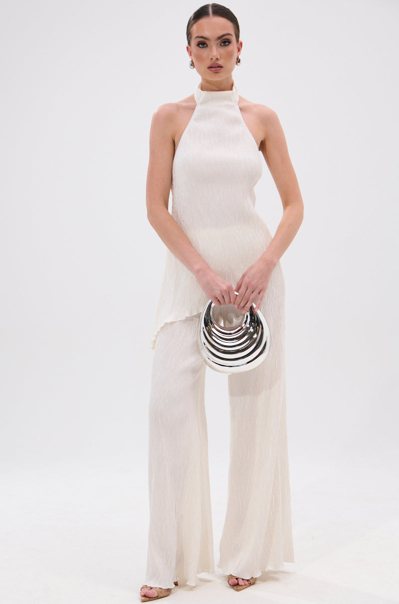 OLIVIA PLISSE HALTER NECK ASYMMETRICAL TOP IN WHITE