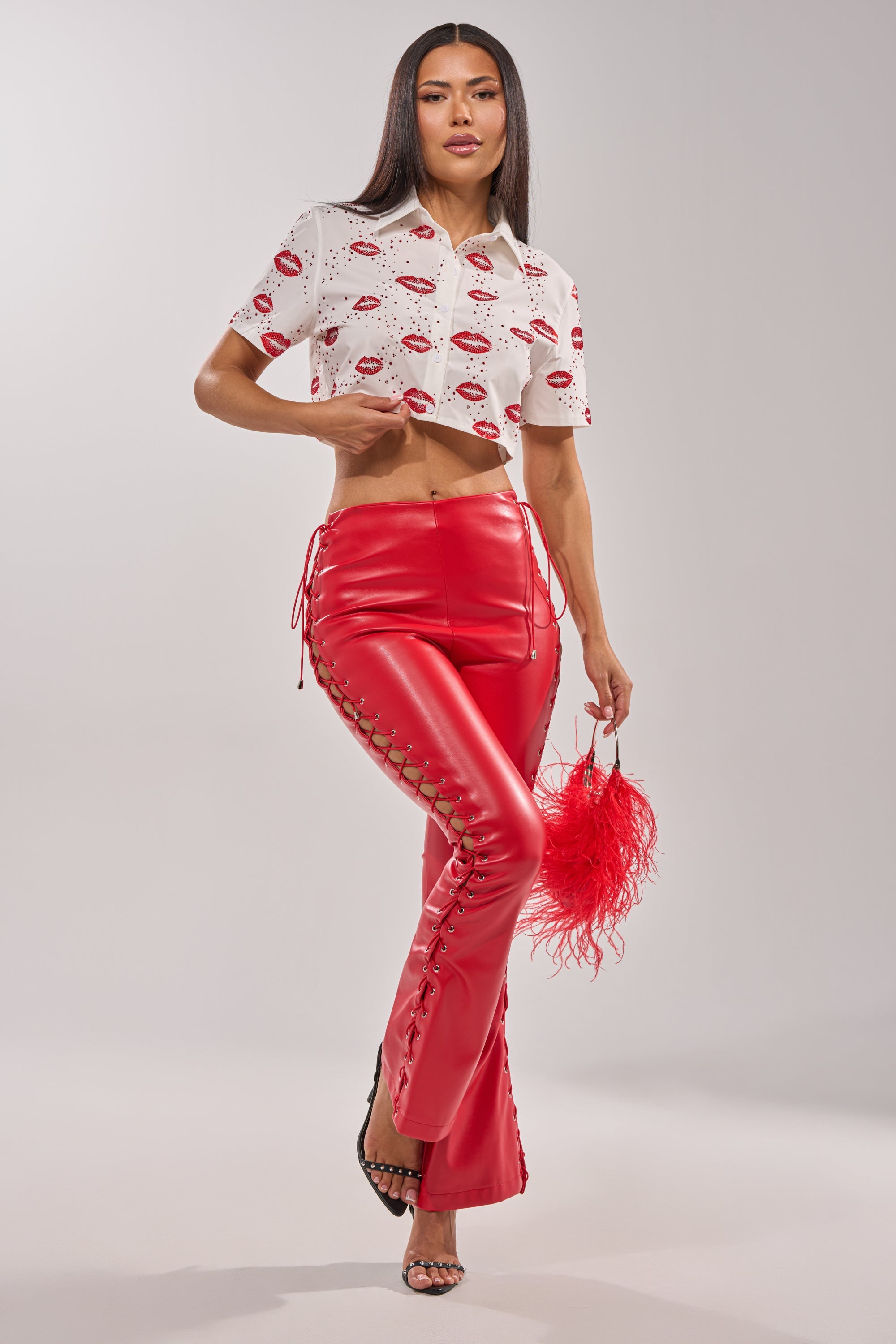 KISS KISS RHINESTONE CROPPED BUTTON DOWN