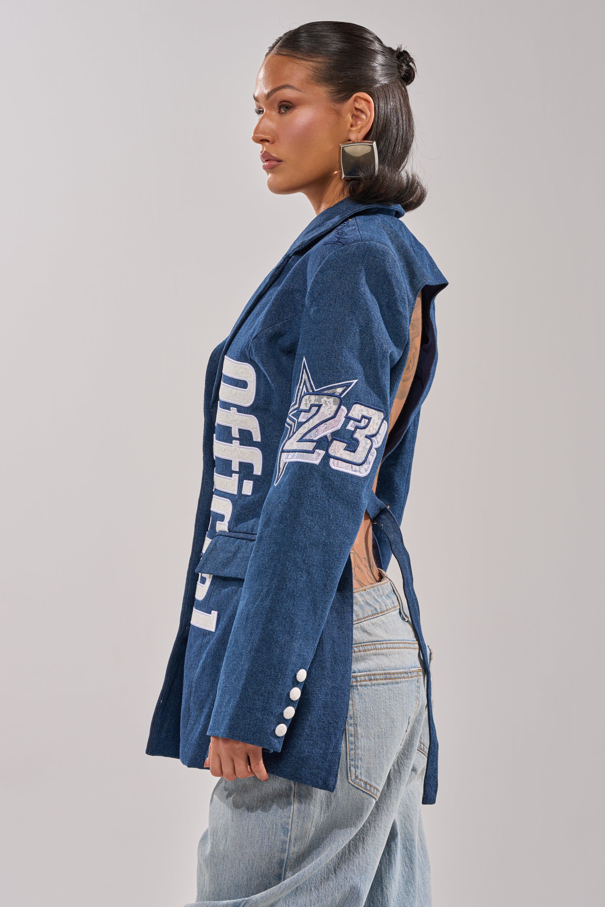 ONE OF ONE BACKLESS DENIM BLAZER