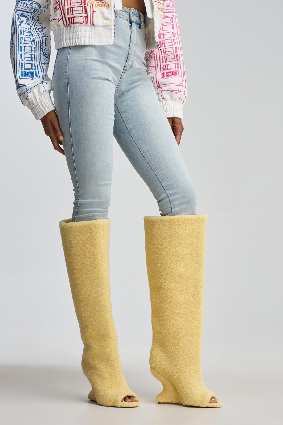 AKIRA GOLD VINCENT SHERPA CREAM OPEN TOE WEDGE BOOT