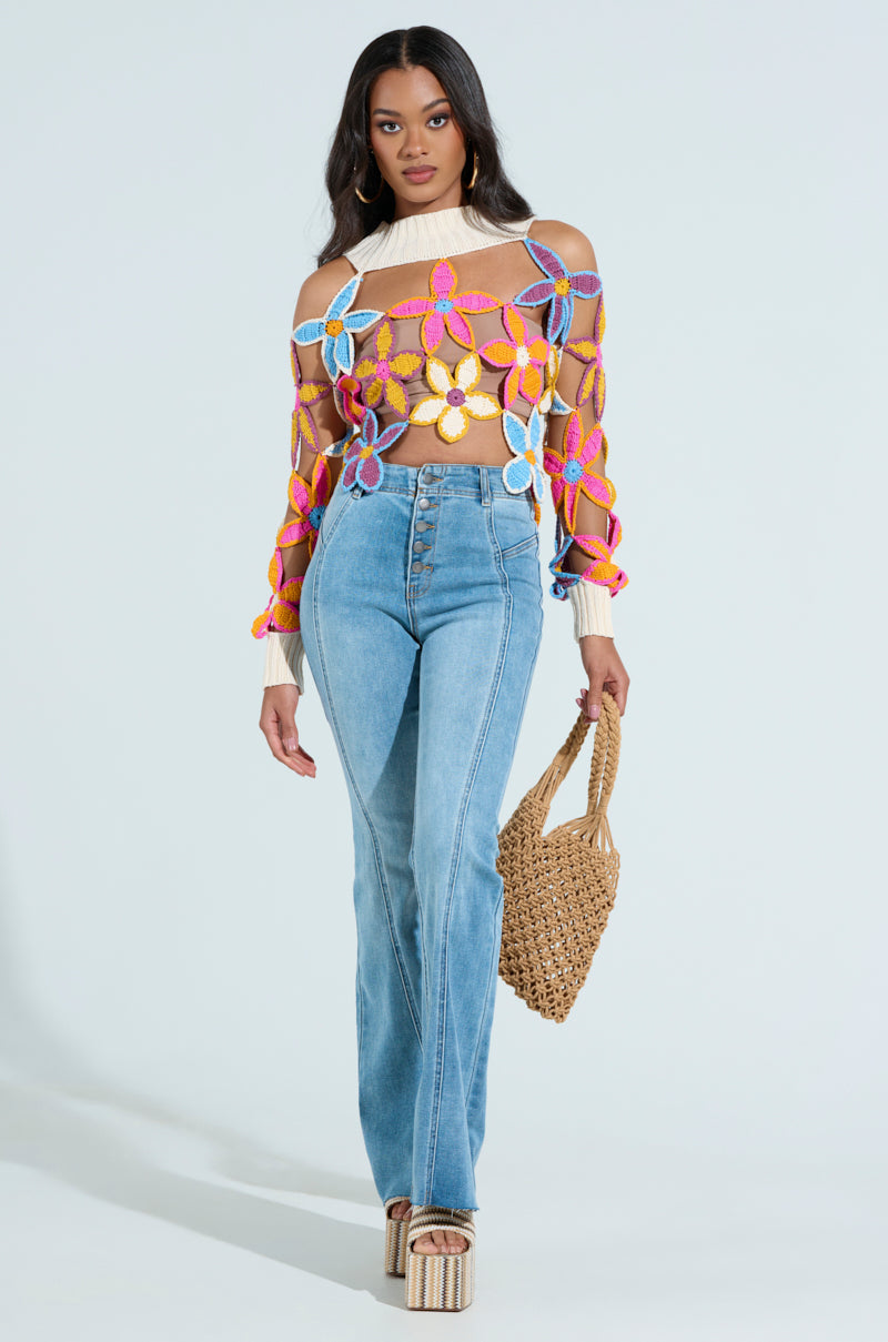 SPRING CUTOUT FLORAL MOCK NECK SWEATER