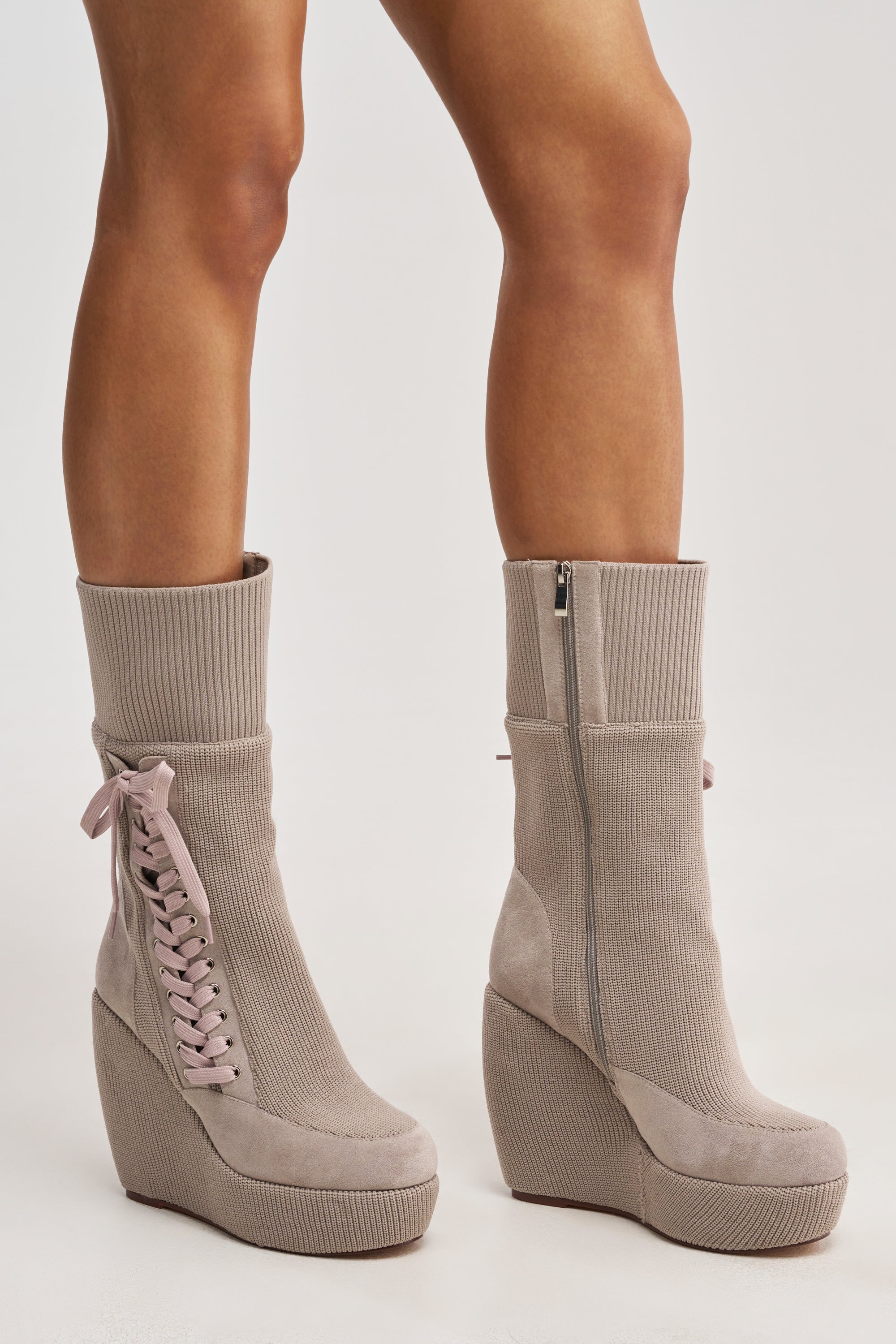 AKIRA GOLD WHATEVER WARM GREY CANVAS WEDGE BOOTIE